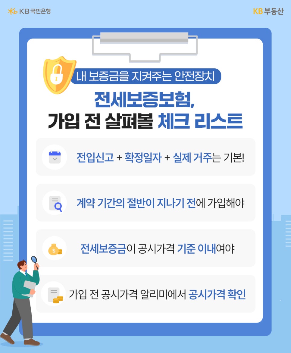 '전세보증보험 가입 전 살펴볼 4가지 체크 리스트를 설명'합니다. 전입신고와 확정일자 및 실제 거주 확인, 계약 기간의 절반이 지나기 전 가입, 전세보증금의 공시가격 기준 준수, 공시가격 알리미 확인 등을 강조하고 있습니다.