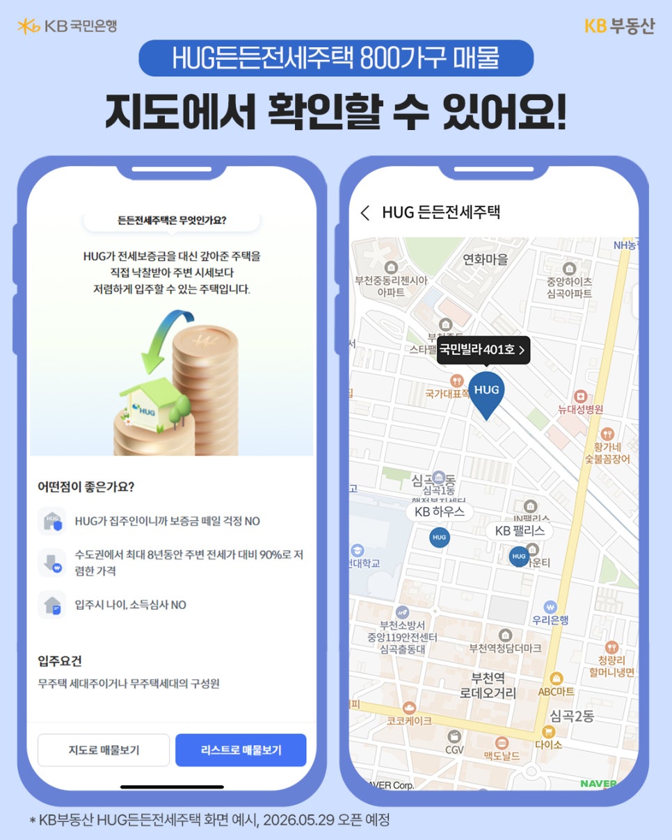 'KB부동산 앱의 지도 화면을 활용해 HUG든든전세주택 매물 위치를 확인하는 방법과 장점, 입주 요건을 설명'한다.