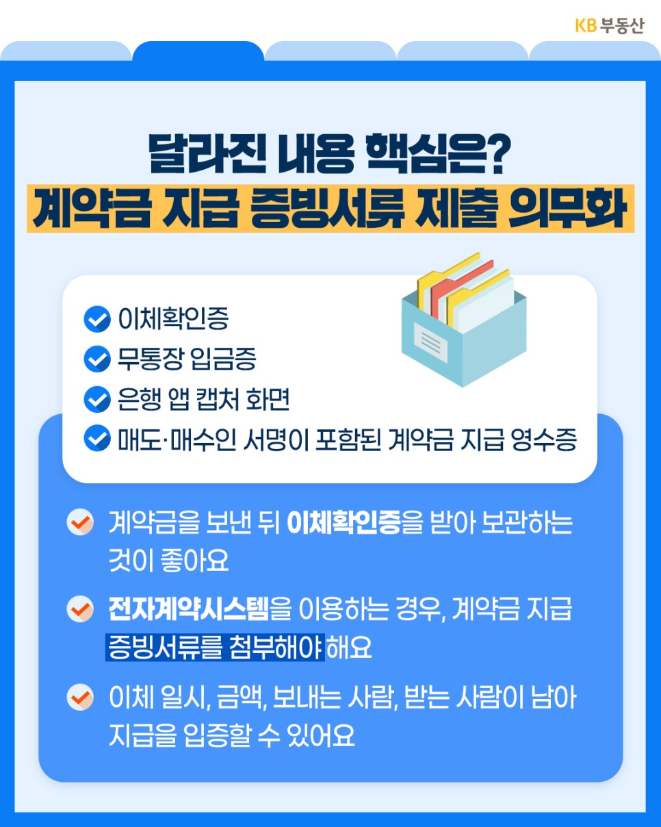 ‘계약금 지급 증빙서류 제출 의무화’ 핵심 내용을 정리한 이미지로 '이체확인증, 무통장 입금증, 은행 앱 캡처, 계약금 영수증 등 제출 가능한 증빙서류와 보관 방법을 안내'한다.