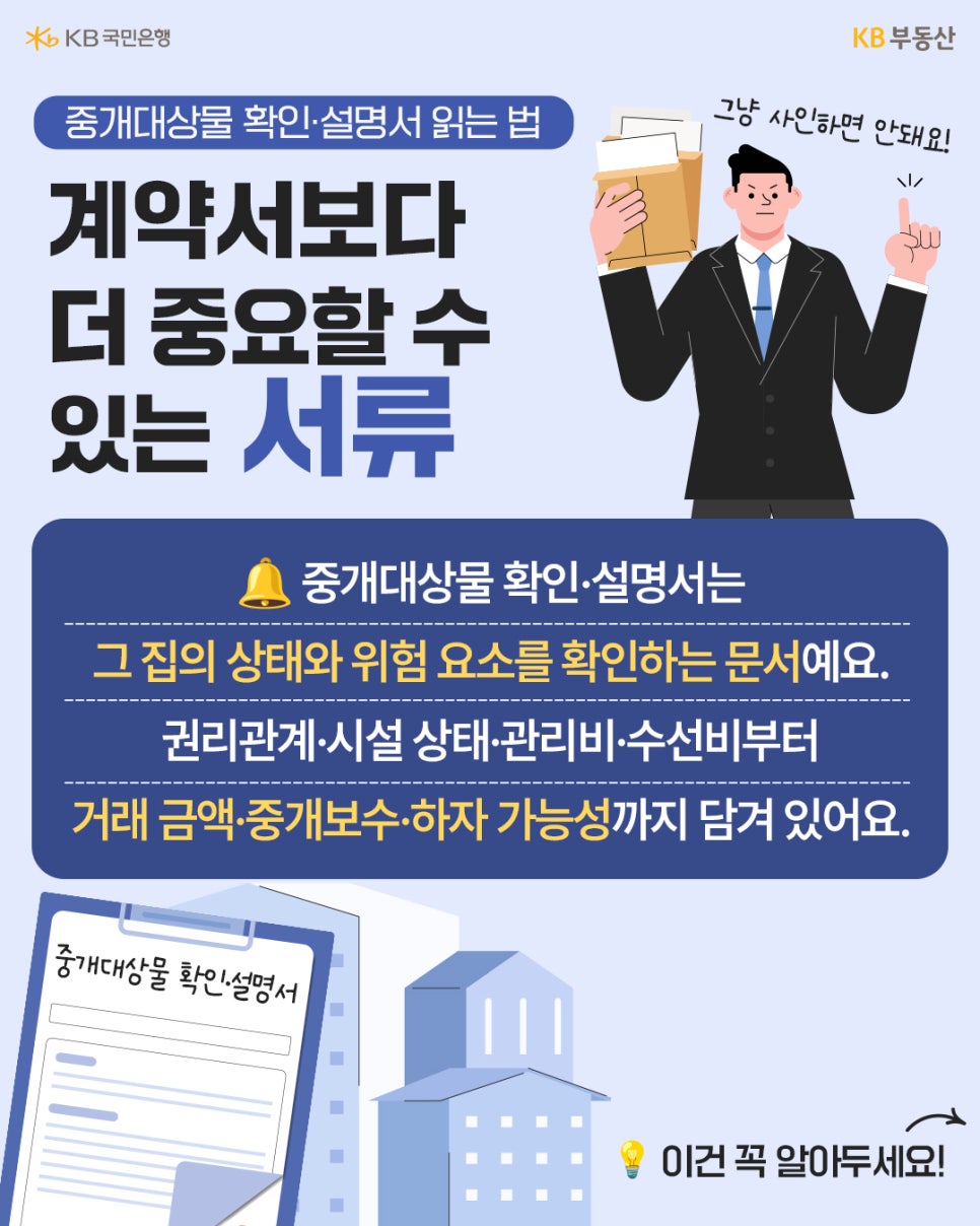 KB부동산 카드뉴스 이미지로 상단에는 '계약서보다 더 중요할 수 있는 서류'라는 텍스트와 남성 일러스트가 배치되어 있다. 중간 파란색 박스에는 중개대상물 확인·설명서가 집의 상태, 권리관계, 수선비 등을 확인하는 문서라는 안내가 적혀 있다.