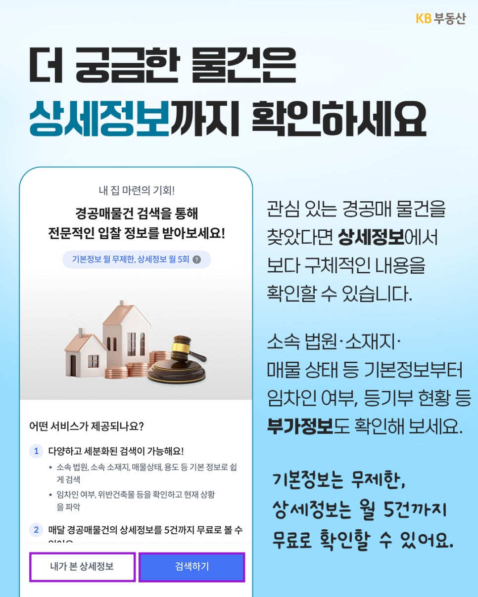 'KB부동산 앱에서 제공하는 경공매 상세정보 서비스'로, 기본정보 무료 무제한 조회 및 월 5회 무료 상세정보 확인 기능을 소개하는 이미지다.