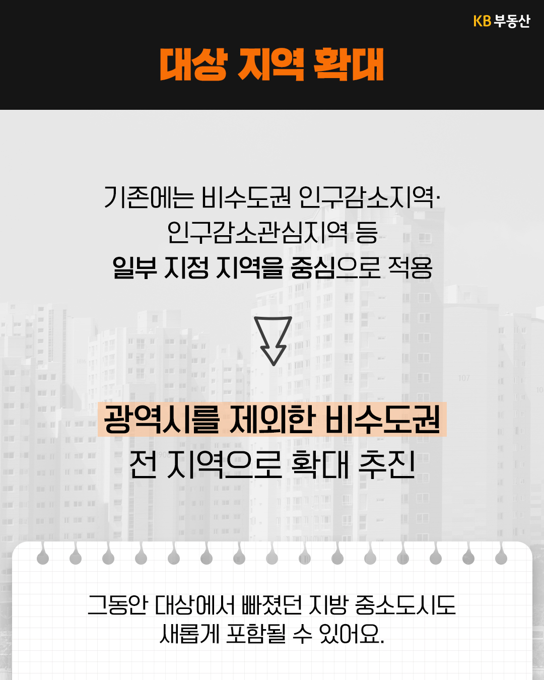'대상 지역 확대'라는 소제목 아래, 기존의 일부 지정 지역 중심 적용에서 광역시를 제외한 비수도권 전 지역으로 확대를 추진한다는 내용이 화살표로 명시되어 있다. 그동안 제외되었던 지방 중소도시도 포함될 수 있다는 설명이 하단 메모지에 적혀 있다.