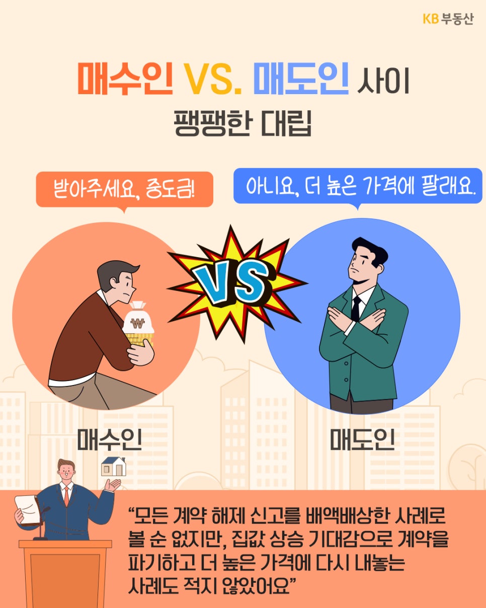 '매수인과 매도인이 계약금과 매매가격을 두고 대립하는 모습'을 보여주며, 집값 상승 기대에 따른 계약 파기 사례와 양측의 입장 차이를 설명한다.