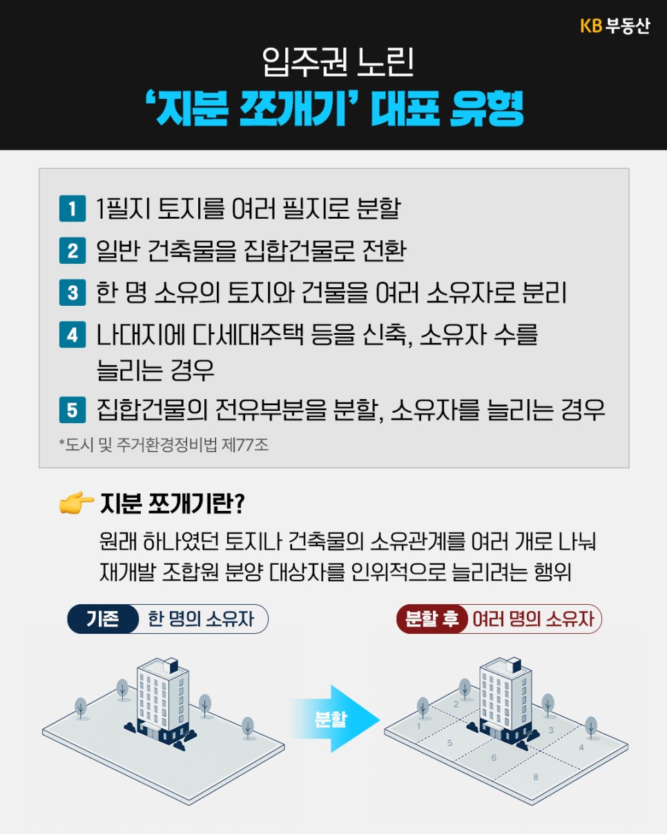 '토지나 건축물의 소유관계를 나눠 재개발 조합원 분양 대상자를 늘리는 지분 쪼개기 유형 다섯 가지를 소개'한다. 한 필지 분할, 일반 건축물의 집합건축물 전환, 소유자 분리, 다세대주택 신축, 집합건축물 전유부분 분할을 설명하고 분할 전후 소유 구조를 그림으로 비교한다.