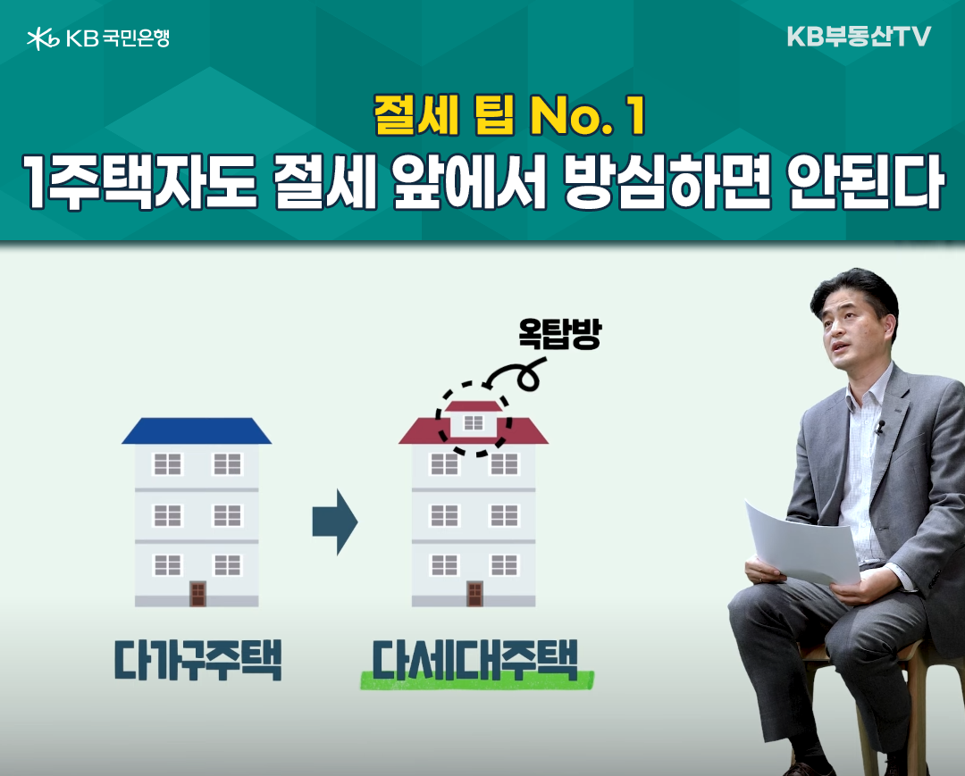 2023년 1월 기준으로 '1주택자'도 '절세'할 수 있는 팁을 한 남자가 알려주고 있는 이미지. '1주택자'도 절세에 방심하면 안 된다고 설명하고 있다.