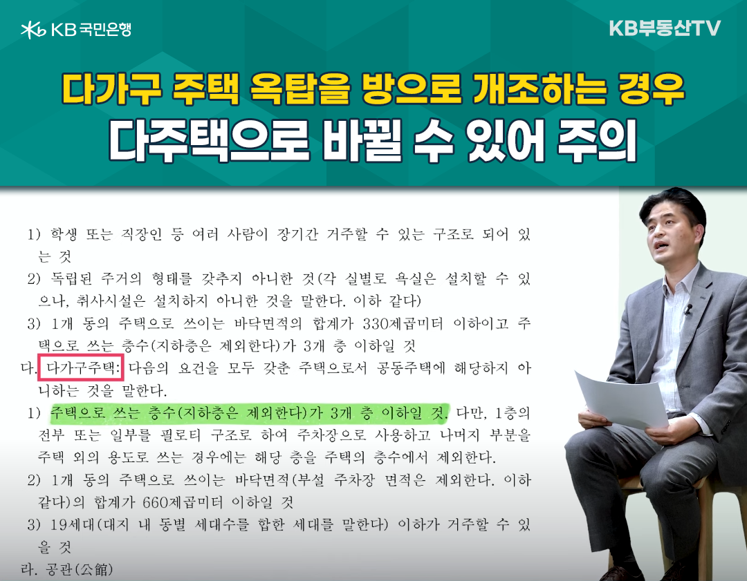 2023년 1월 기준으로 주의해야 할 내용을 설명하고 있는 한 남자의 이미지. '다가구 주택 옥탑'을 방으로 '개조'하는 경우에 '다주택'으로 바뀔 수 있어 주의해야 한다는 내용이다.
