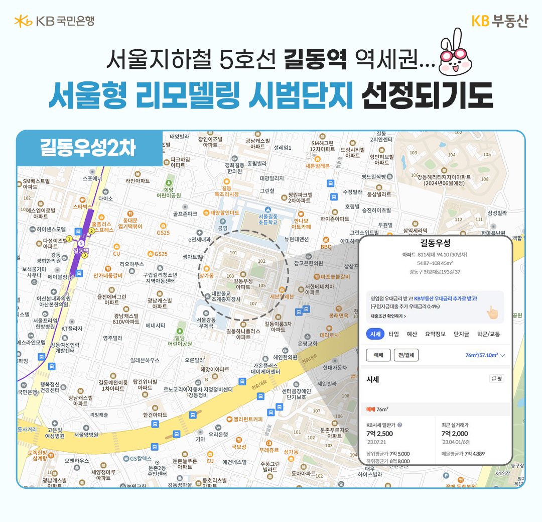 3040세대에게 추천하는 '길동역 도보 7분에 위치한 아파트'를 소개하고 있다. '서울형 리모델링 시범단지'로 선정된 강동구의 '길동우성2차'이다.
