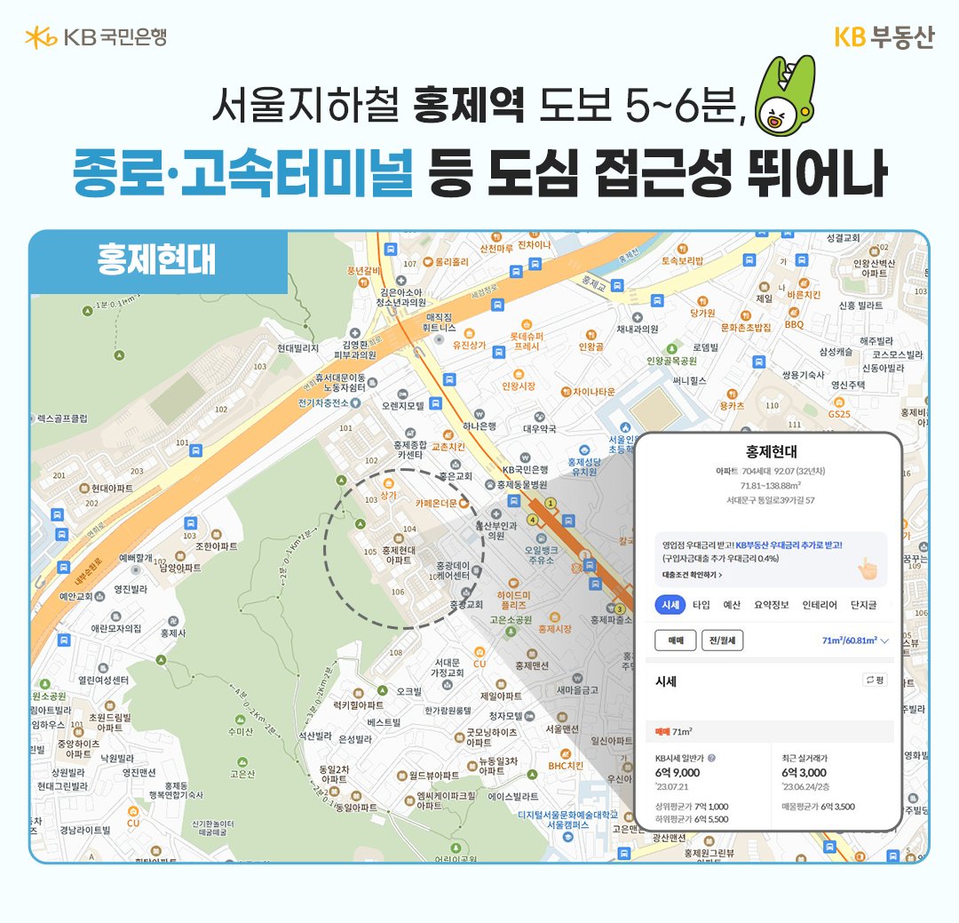3040세대에게 추천하는 '홍제역 도보 5~6분 위치의 아파트'를 소개하고 있다. '종로·고속터미널' 등 도심 접근성이 뛰어난 서대문구 홍제동 '홍제현대아파트' 이다.