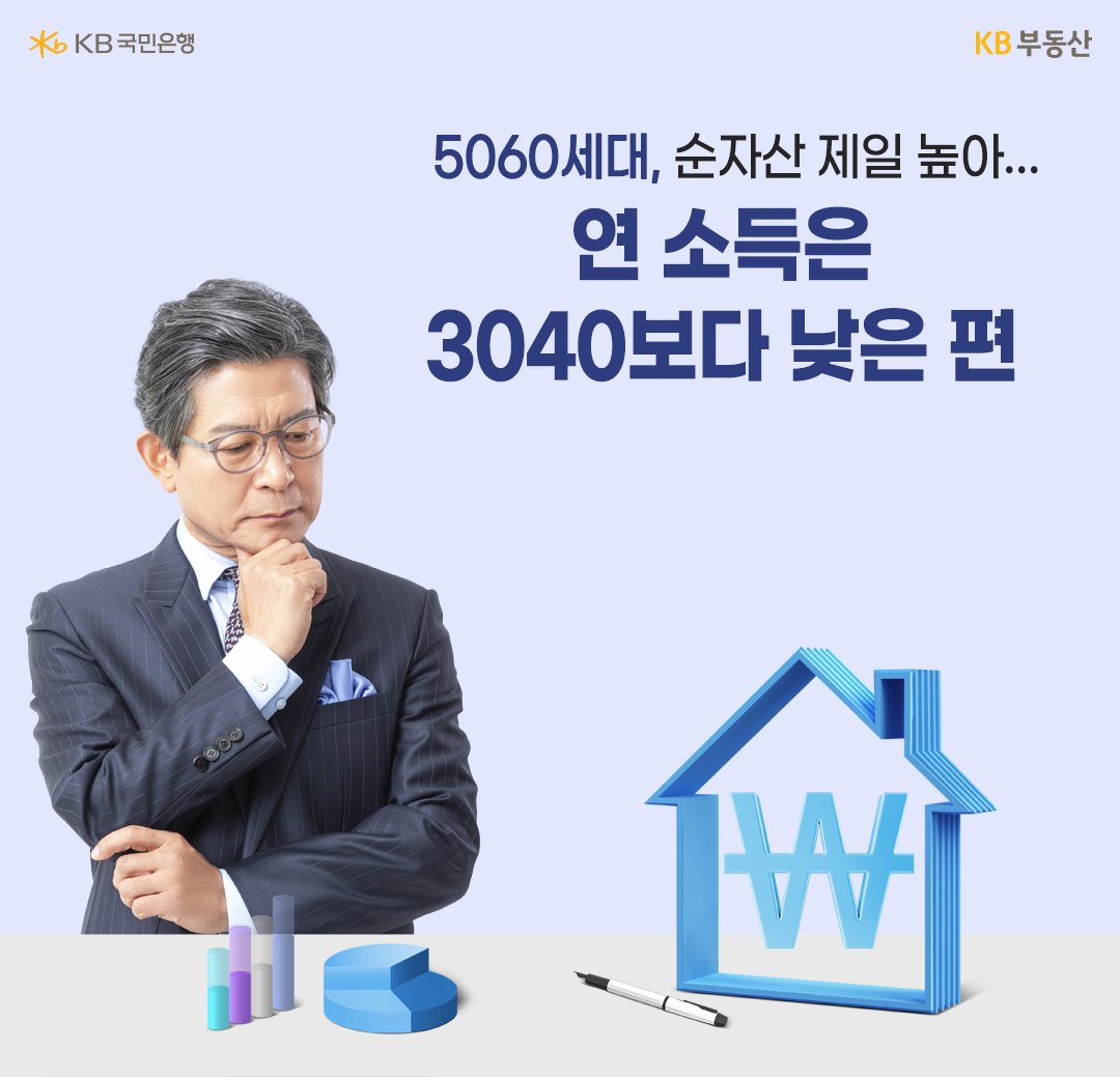 연령대 중 '5060세대 순자산 가장 높음', 그리고 연 소득은 3040보다 낮은 편임을 보여주는 텍스트와 이미지.