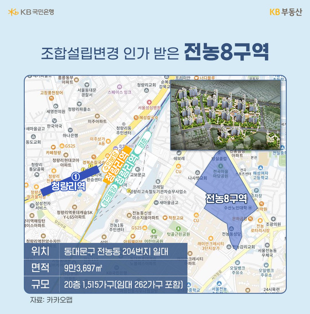 '청량리역 재개발' 구역 '전농8구역'을 카카오맵을 활용하여 파란색 박스로 표시한 이미지. 이밖에 위치, 면적, 규모, 조합설립변경 인가 등.