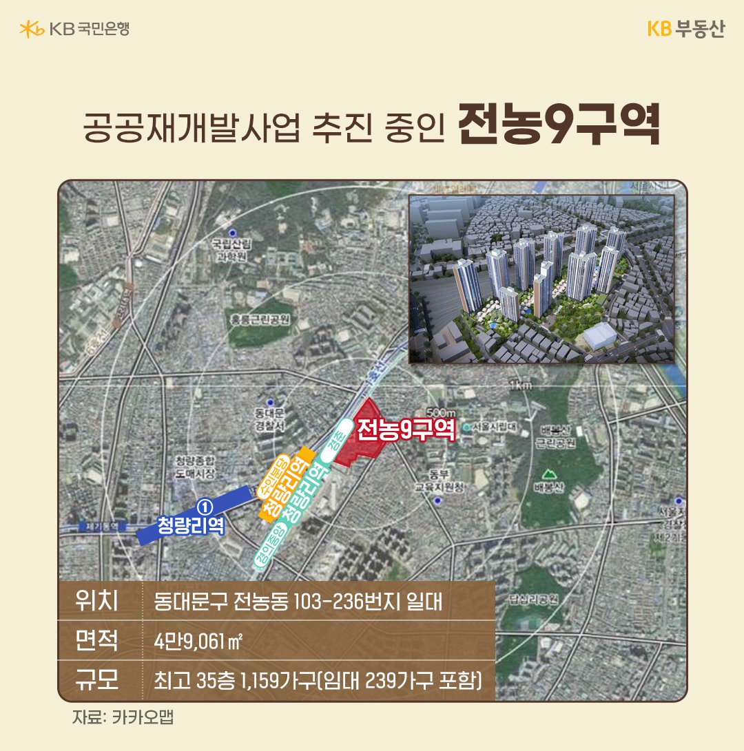 '청량리역 재개발' 대상 구역 '전농9구역' 을 카카오맵을 활용, 빨간색 박스로 표시한 이미지. 이밖에 위치, 면적, 규모, 공공재개발사업 추진 등.