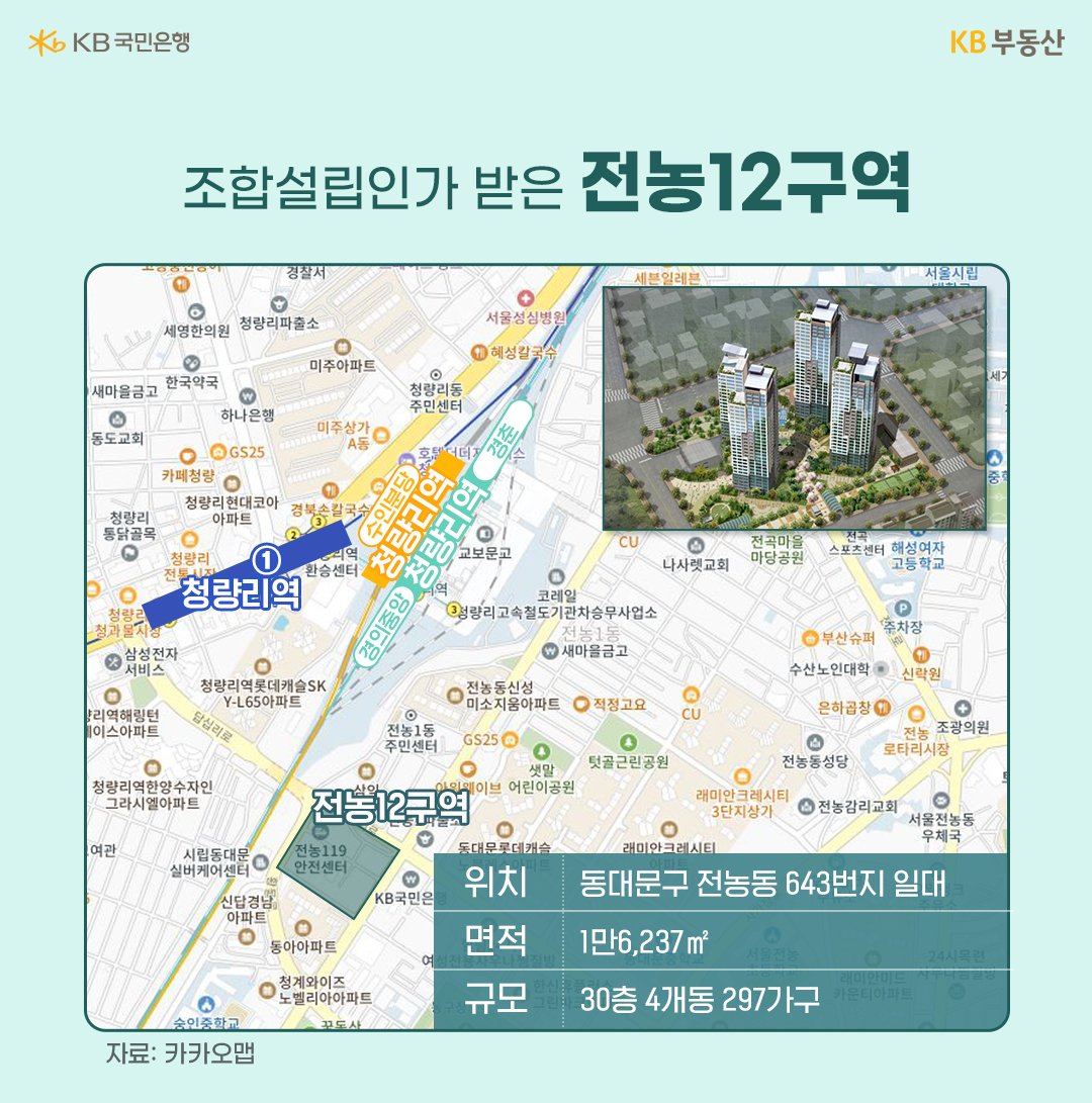 '청량리역 재개발' 구역 '전농12구역'을 카카오맵을 활용하여 녹색 박스로 표시한 이미지. 이밖에 위치, 면적, 규모, 조합설립 인가 등.