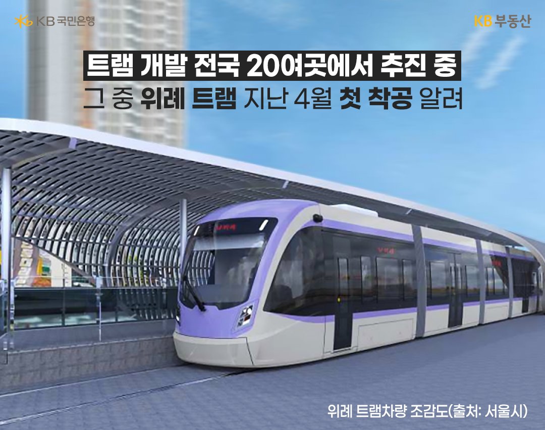 '트램' 정류장에 트램이 정차해 있는 이미지로, 전국 20여곳에서 '트램 개발' 추진 중임을 알려주는 텍스트, 그중 위례 트램 지난 4월 첫 착공.