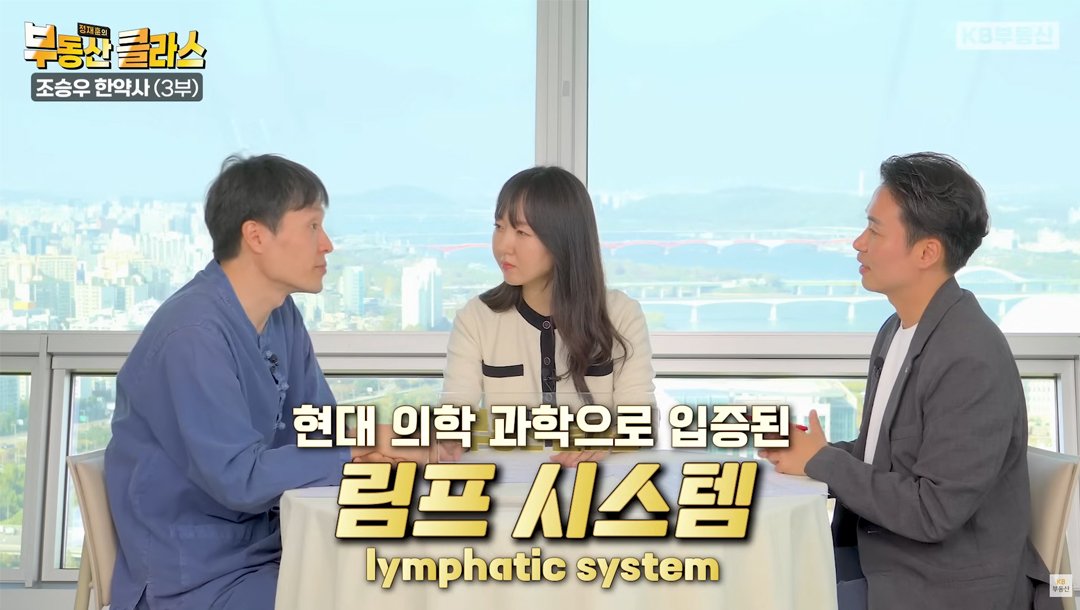 KB부동산TV의 부동산 클라스 조승우 한약사편의 한 장면이다. 많은 분들이 경락, 또는 괄사 마사지로 많이 알고 있는 림프 시스템에 대해 설명하고 있다.