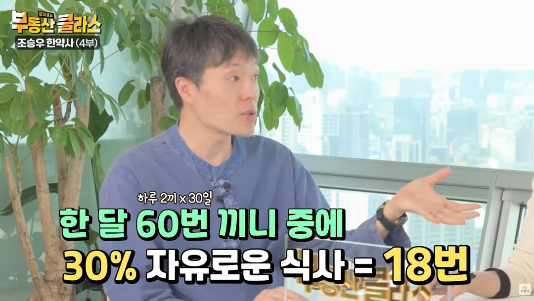 KB부동산TV의 부동산 클라스 조승우 한약사편의 한 장면이다. 전체 식사 횟수 중 마음대로 먹는 양은 3, 클린한 식단의 양은 7로 하여 일주일에 하루만이라도 가공 식품을 끊어야 한다고 말했다.