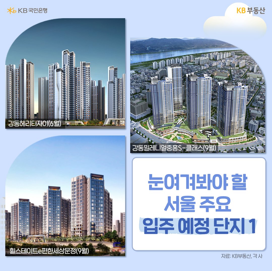 '눈여겨봐야 할 서울 주요 입주 예정 단지 1'를 나타내는 이미지. 강동 헤리티자이와 힐스테이트E편한세상문정의 단지 사진이 있다.