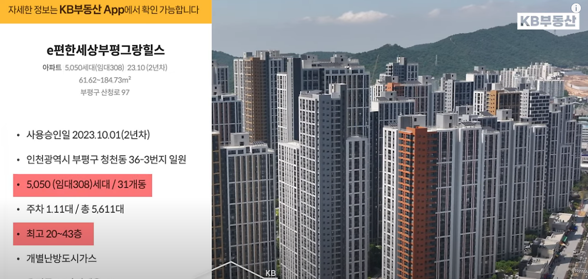 'e편한세상부평그랑힐스'의 전경 모습과 사용승인일, 세대수 등 '아파트 단지'의 주요정보가 나타나있다.