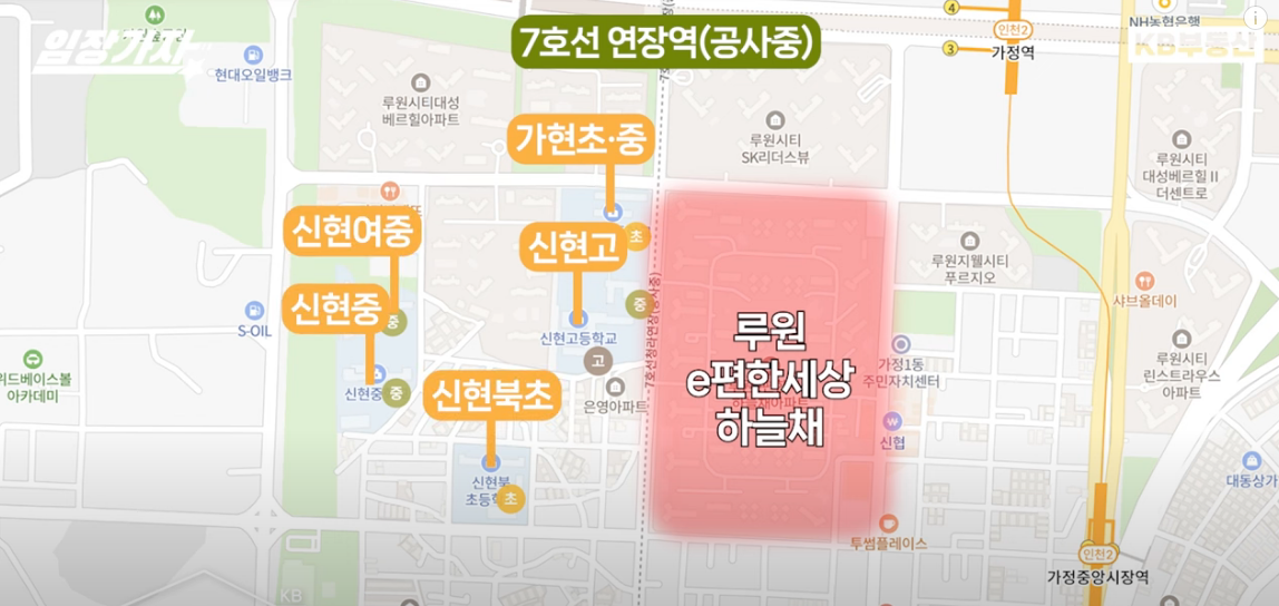 '지하철 7호선 연장역'을 기점으로 '루원e편한세상하늘채'가 초중고 학교 모두 가장 근접해있으며 상권도 좋은 위치임을 지도를 통해 보여주고 있다.