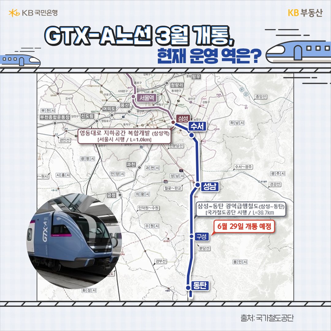 6월 29일 개통 예정인 'GTX-A노선'(동탄-삼성) 중 '구성역'과 관련된 내용들을 지도위에 표기하였다.