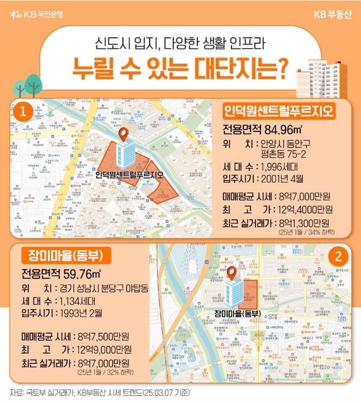 '신도시 입지' 및 다양한 '생활 인프라'를 누릴 수 있는 대단지 2곳의 세부 정보를 소개하고 있다.