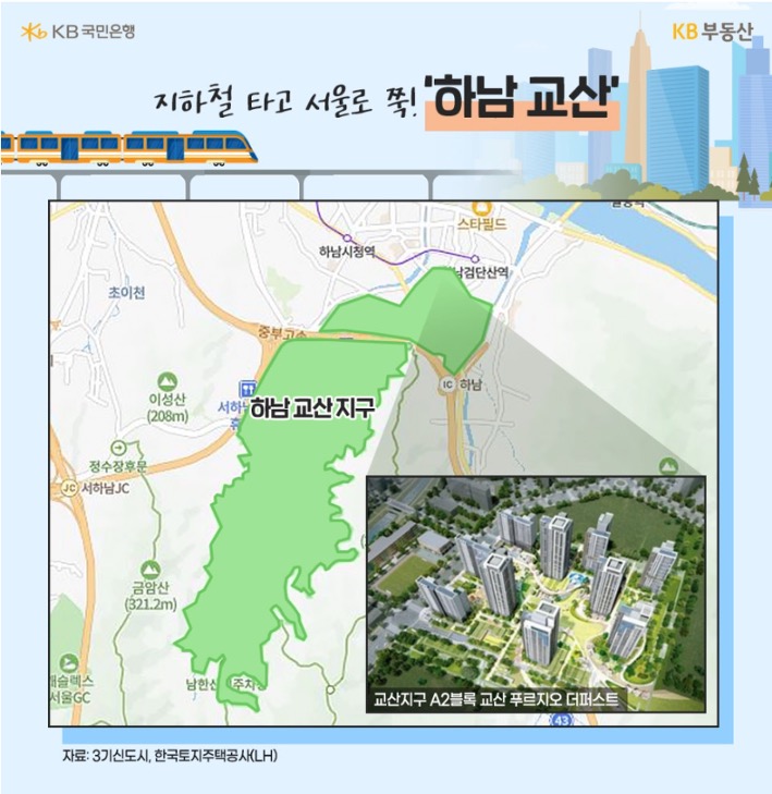 3기 신도시 중 관심이 가장 높은 '하남 교산' 지구를 지도 위에 표기했다.