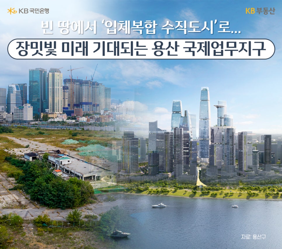 빈 땅에서 입체복합 수직도시로... 장밋빛 미래 기대되는 '용산 국제업무지구'라는 제목과 용산의 현재 및 미래 모습을 보여주고 있다.