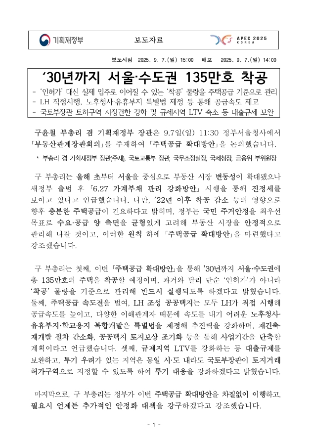 기획재정부에서 발행한 보도자료이다. ''30년까지 서울·수도권 135만호 착공'. '인허가' 대신 실제 입주로 이어질 수 있는 '착공' 물량을 주택공급 기준으로 관리. LH 직접시행, 노후청사·유휴부지 특별법 제정 등 통해 공급속도 제고. 국토부장관 토허구역 지정권한 강화 및 규제지역 LTV 축소 등 대출규제 보완.