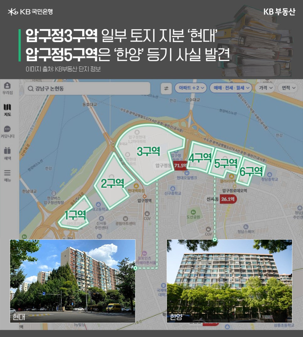 압구정3구역 일부 토지 지분 '현대'. 압구정5구역은 '한양' 등기 사실 발견. KB부동산 단지 정보에서 제공한 지도로 압구정역 근처 구역을 강조하였다. 현대건설이 소유한 3구역의 사진이 왼쪽 밑에 있고, 한양건설이 소유한 5구역의 사진은 오른쪽 밑에 있다.