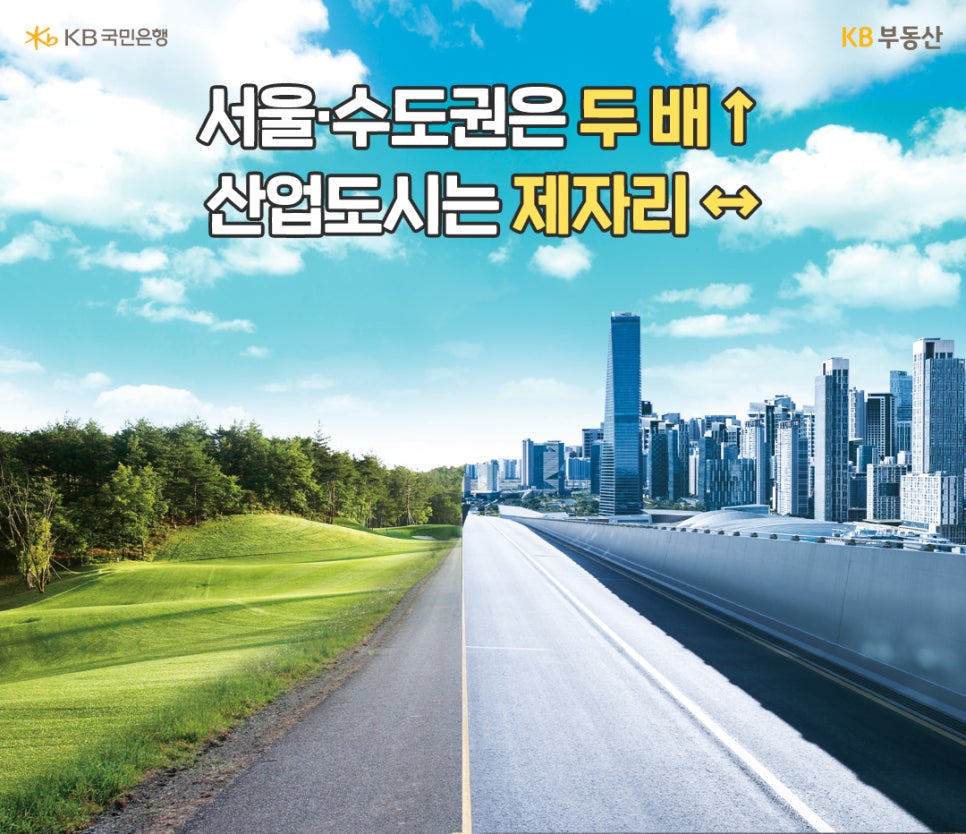 '서울·수도권은 두 배 ↑ 산업도시는 제자리 ↔' 왼쪽은 풀과 잔디가 깔린 도로, 오른쪽은 고층 빌딩이 모여있는 도로 이미지다.