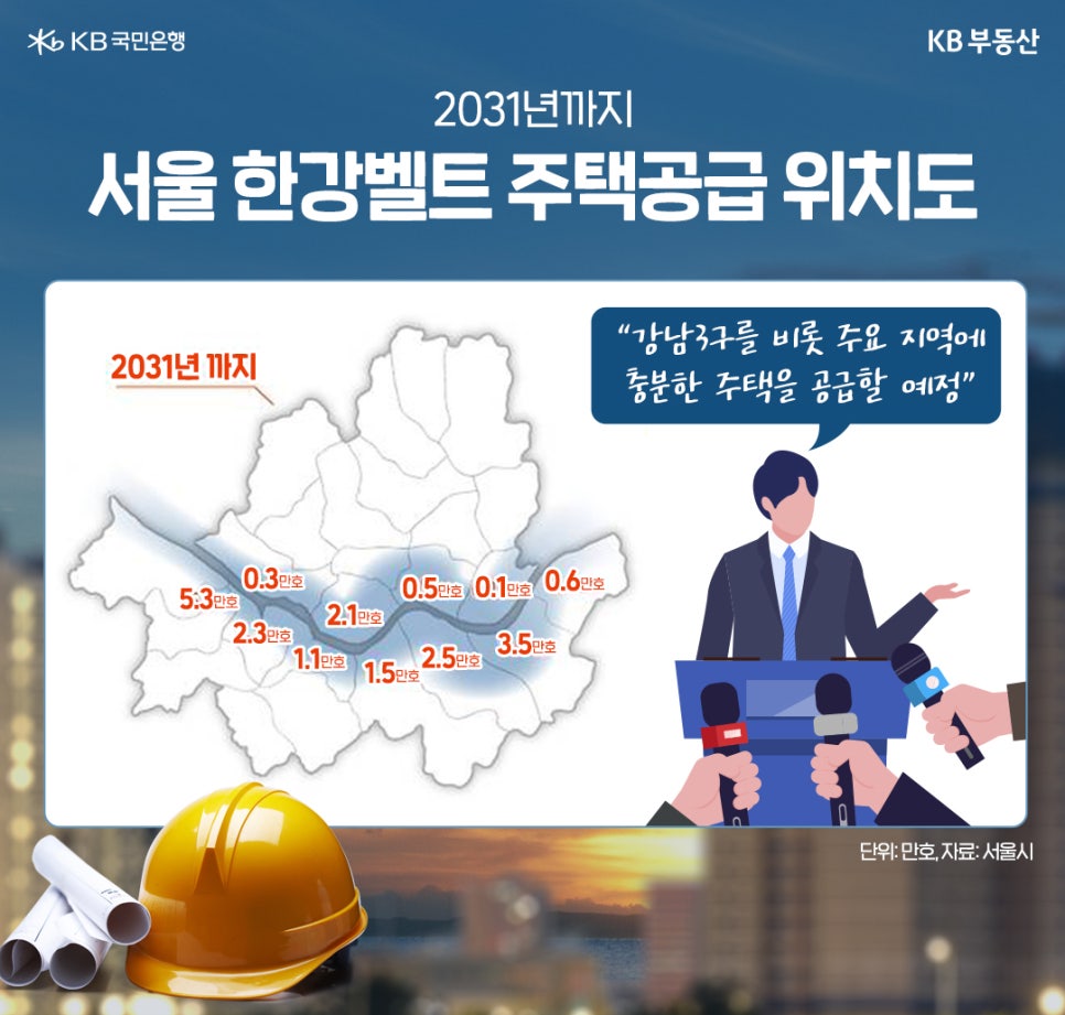 '2031년까지 서울 한강벨트 주택공급 위치도' 수트를 입은 남성이 "강남3구를 비롯 주요 지역에 충분한 주택을 공급할 예정" 라고 인터뷰에 응하는 모습이다. 2031년까지 한강벨트 주택공급 위치를 표시한 서울시 지도이다.