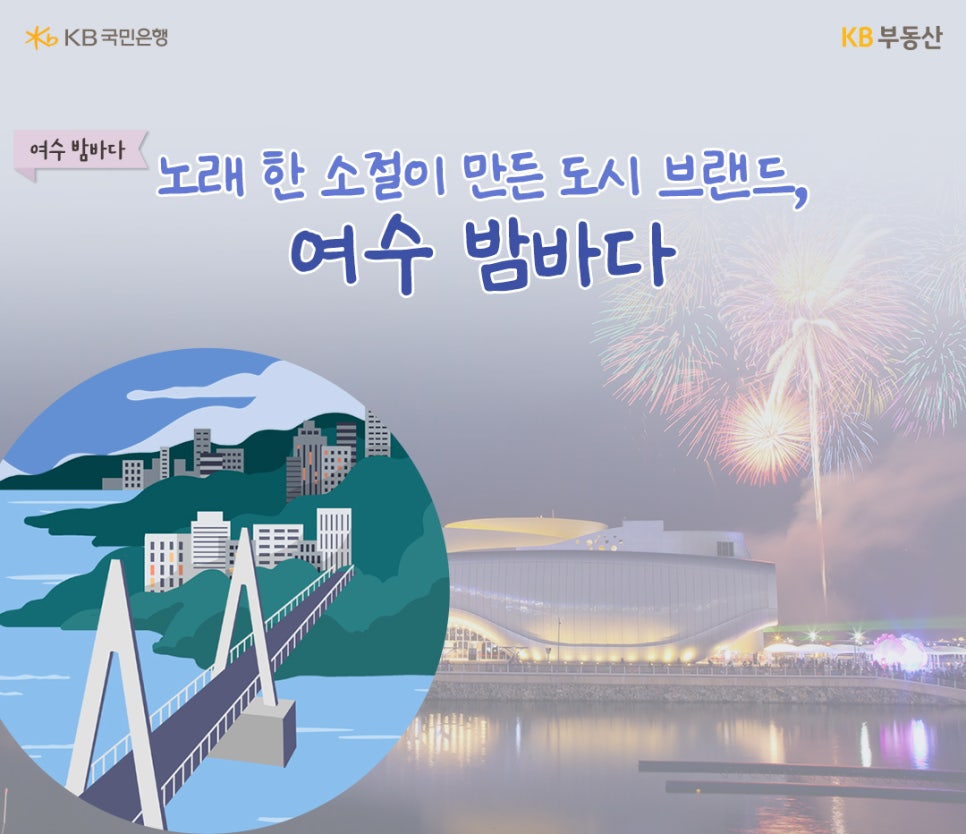 '노래 한 소절이 만든 도시 브랜드, 여수 밤바다' 왼쪽에는 여수 돌산대교의 이미지가 배치되어있다. 배경으로는 여수 밤바다에서 불꽃놀이를 하는 사진이 깔려있다.