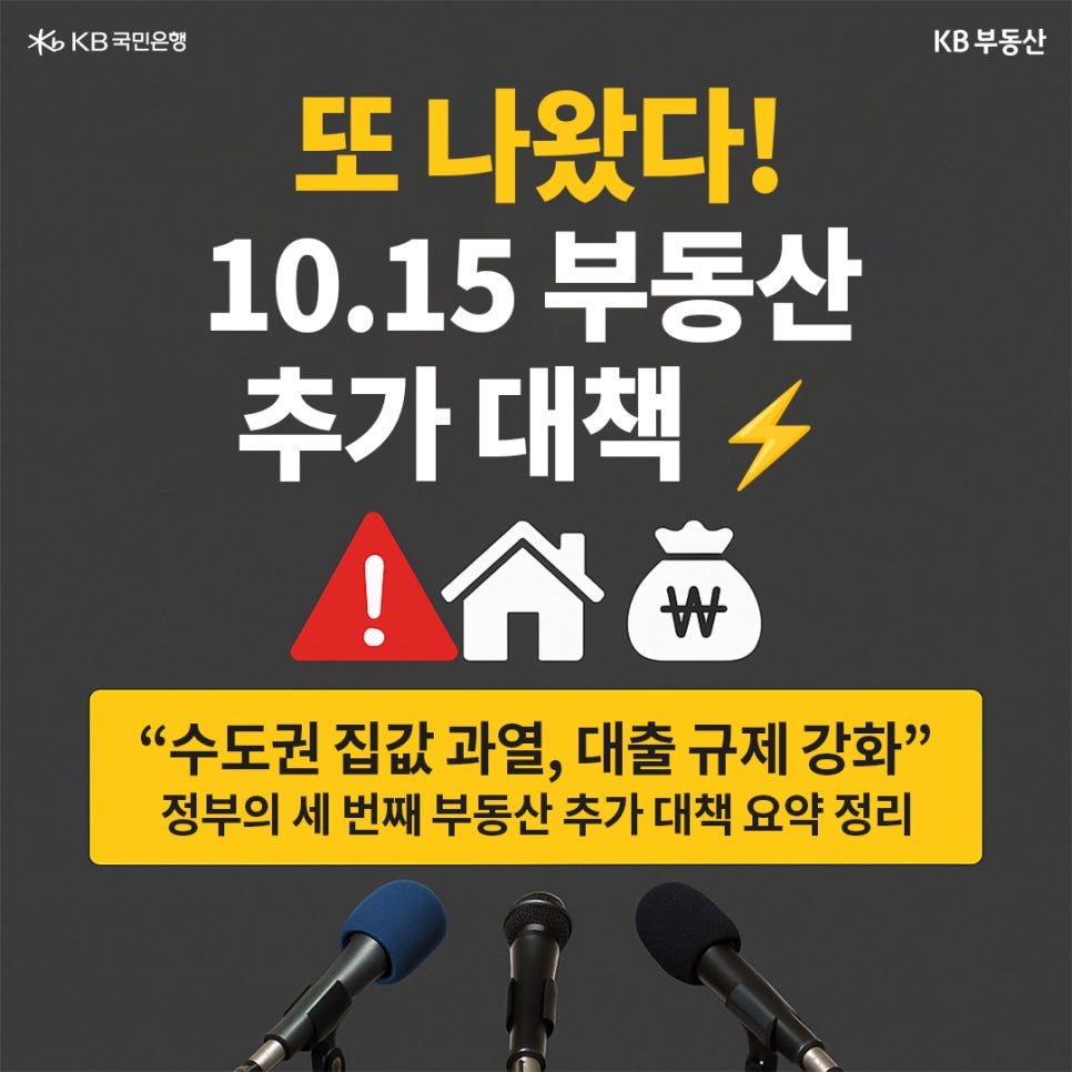 '또 나왔다! 10.15 부동산 추가 대책' '"수도권 집값 과열, 대출 규제 강화" 정부의 세번째 부동산 추가 대책 요약 정리' 이미지 가운데 경고, 집, 돈 주머니 아이콘이 있다. 하단에는 마이크 3개가 배치되어있다.
