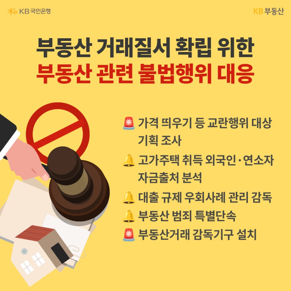 '부동산 거래질서 확립 위한 부동산 관련 불법행위 대응' 가격 띄우기 등 교란행위 대상 기획 조사. 고가주택 취득 외국인·연소자 자금출처 분석. 대출 규제 우회사례 관리 감독. 부동산 범죄 특별단속. 부동산거래 감독기구 설치. 왼쪽에 의사봉을 내려치는 사람의 팔과, 금지 표시가 있다.