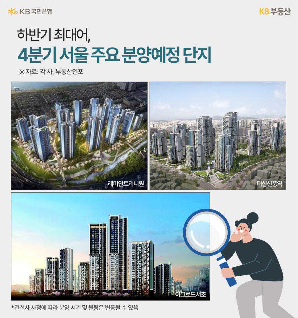 '하반기 최대어, 4분기 서울 주요 분양예정 단지' 래미안트리니원, 더샵신풍역, 아크로드 서초의 조감도이다.