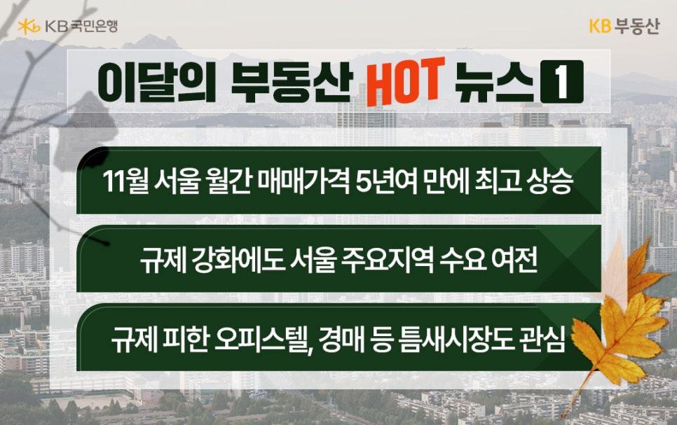 '이달의 부동산 HOT 뉴스 1' 주요 뉴스가 세 가지 줄글로 제시되어 있습니다. 첫째, 11월 서울 월간 매매가격이 5년 만에 최고 상승을 기록했다는 내용입니다. 둘째, 규제 강화에도 불구하고 서울 주요 지역의 수요는 여전하다는 내용입니다. 셋째, 규제를 피한 오피스텔, 경매 등 틈새시장에도 관심이 쏠린다는 내용입니다. 배경에는 가을 분위기의 도시 주거 단지 모습이 흐릿하게 보입니다.