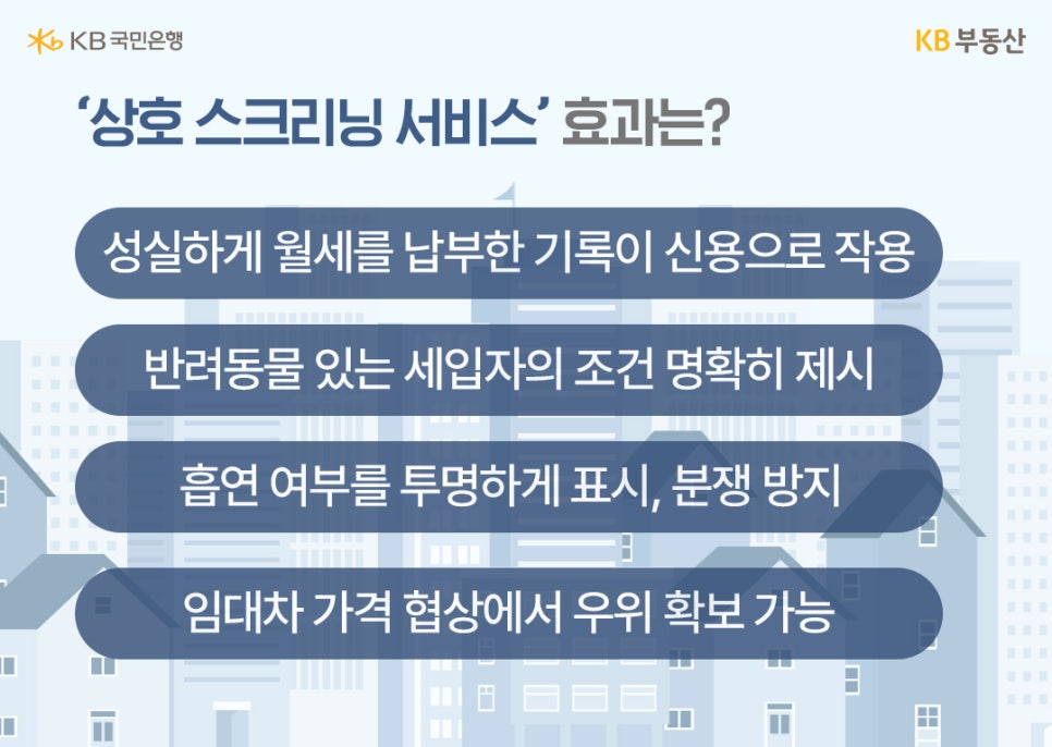 '상호 스크리닝' 서비스 효과로는 성실하게 월세를 납부한  기록이 신용으로 작용, 반려동물 있는 세입자의 조건 명확히 제시,  흡연 여부를 투명하게 표시, 분쟁 방지, 임대차 가격 협상에서  우위 확보 가능이라고 정리하고 있습니다.