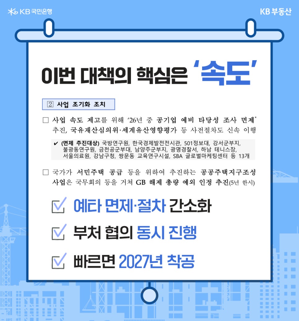 사업 조기화를 위해 2026년 중 국방연구원, 강남구청 등 '13개 부지의 공기업  예비타당성 조사를 면제'하고 '사전 절차를 신속히 이행'합니다.  또한 개발제한구역(GB) 해제 총량 예외 인정 등을 통해 절차를 간소화하며,  부처 협의를 동시에 진행하여 이르면 2027년 착공을 목표로  한다는 내용을 담고 있다.