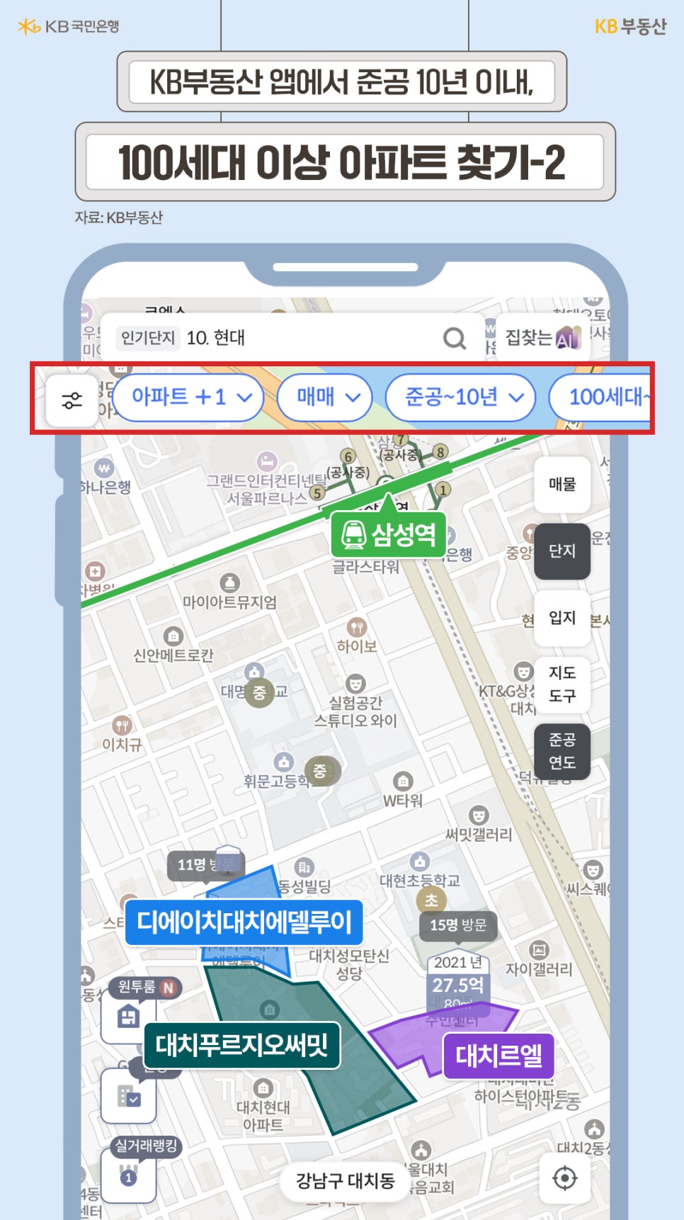KB부동산 앱으로 '준공 10년 이내, 100세대 이상 아파트를 찾는 두 번째 방법 안내'입니다. 삼성역 남측 대치동 일대의 ‘디에이치대치에델루이’, ‘대치푸르지오써밋’, ‘대치르엘’ 아파트 단지 위치가 지도에 강조되어 있으며, 이전 이미지와 동일한 조건의 검색 필터가 적용되어 있습니다.