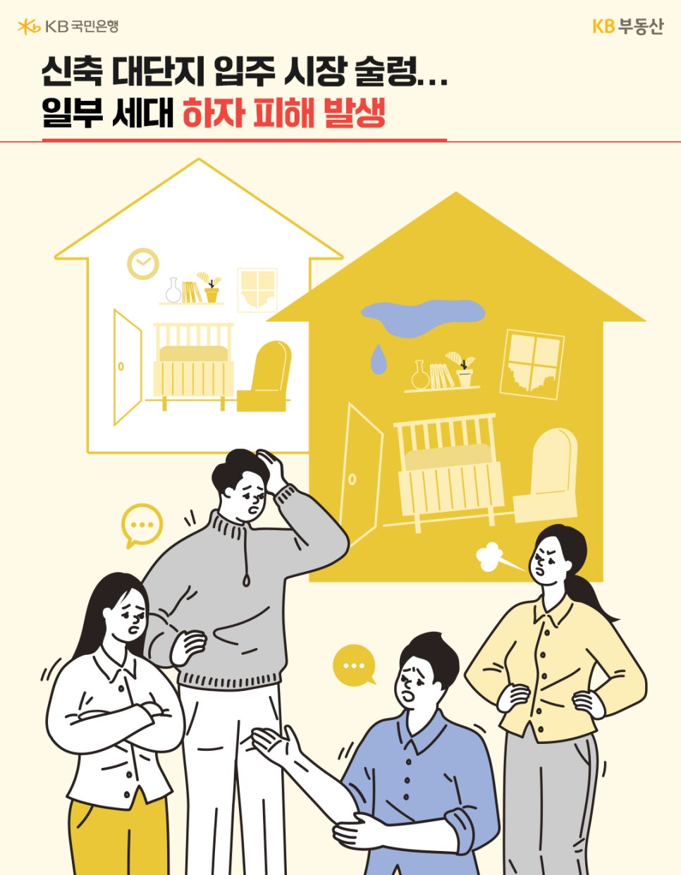'신축 대단지 입주 시장 술렁... 일부 세대 하자 피해 발생'이라는 제목 아래, 근심 가득한 표정의 입주민들 일러스트가 배치되어 있습니다. 배경에는 누수가 발생한 집과 정상적인 집이 대비되어 그려져 있으며, 좌측 상단에는 KB국민은행과 KB부동산 로고가 있습니다.