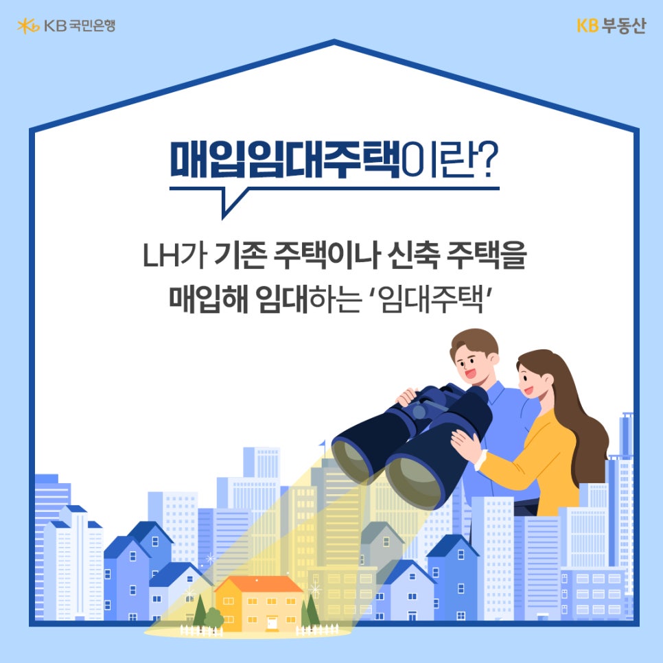 '매입임대주택이란?'이라는 질문과 함께 LH가 기존 또는 신축 주택을 매입하여 임대하는 주택임을 설명합니다. '망원경으로 도심 속 집을 찾는 커플 일러스트가 포함'되어 있습니다.
