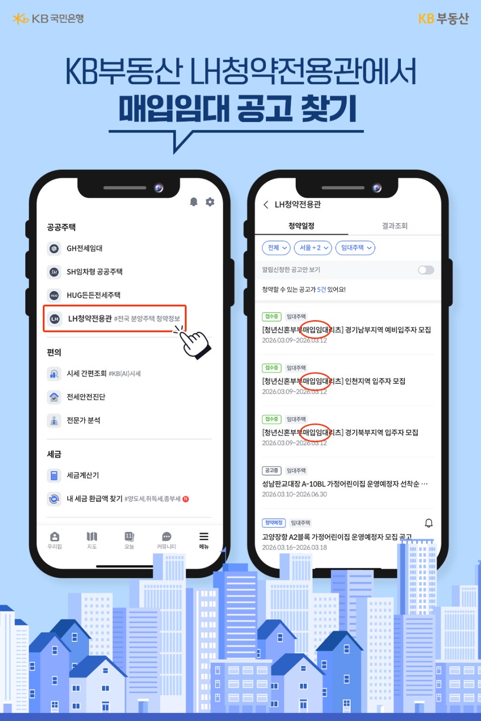 KB부동산 앱 내 'LH 청약 전용관' 메뉴를 통해 '매입임대 공고를 찾는 방법을 스마트폰 화면 예시로 설명'합니다. 지역별 입주자 모집 공고 리스트를 확인하는 과정을 시각적으로 보여줍니다.