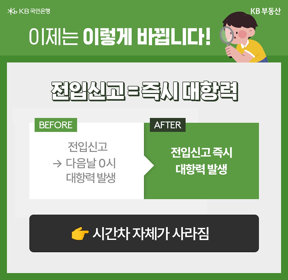 '대항력 발생 시점의 변화를 비교'하고 있다. 과거에는 전입신고 다음 날 0시에 발생했지만, 이제는 전입신고 즉시 발생하도록 바뀌어 시간 차로 인한 피해 위험이 사라졌음을 강조한다.