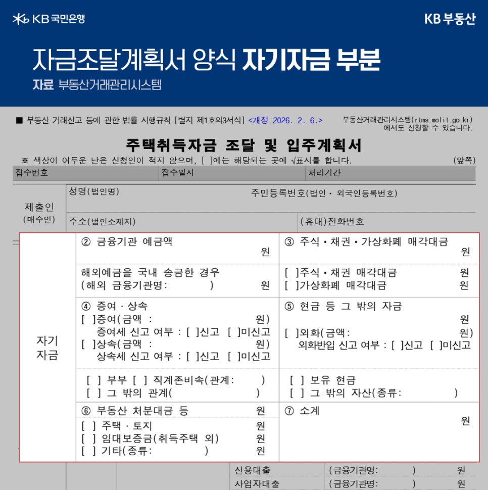 '자금조달계획서 양식 중 ‘자기자금’ 부분을 상세히 보여주는 이미지'다. 금융기관 예금액, 주식·채권·가상화폐 매각대금, 증여·상속, 현금 및 기타 자금, 부동산 처분대금 등 본인이 보유한 자금을 어떻게 상세히 기입해야 하는지 양식 표를 통해 설명한다.