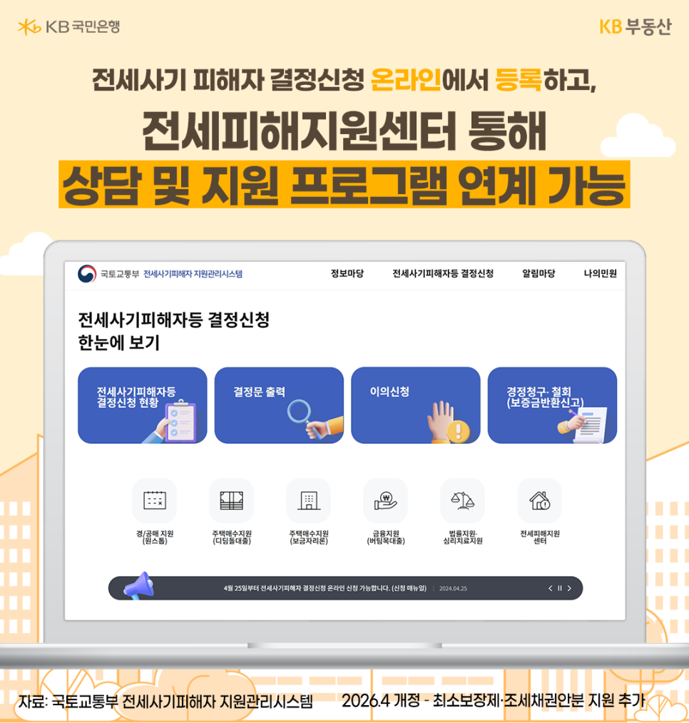 '국토교통부 전세사기피해자 지원관리시스템 화면이 노트북에 떠 있는 모습'이다. 전세사기 피해자 결정신청을 온라인으로 등록하고 지원센터를 통해 상담 및 지원 프로그램을 연계할 수 있음을 안내한다.
