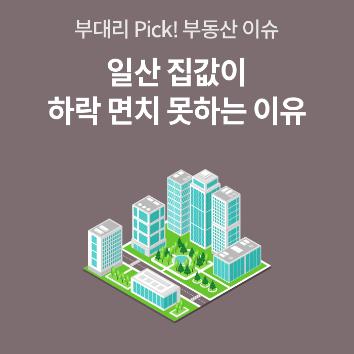 '부대리 Pick! 부동산 이슈'라는 문구와 함께 '일산 집값이 하락 면치 못하는 이유'라는 제목이 적혀 있으며, 중앙에 아이소메트릭 형태의 도시 건물 일러스트가 배치된 썸네일 이미지다.