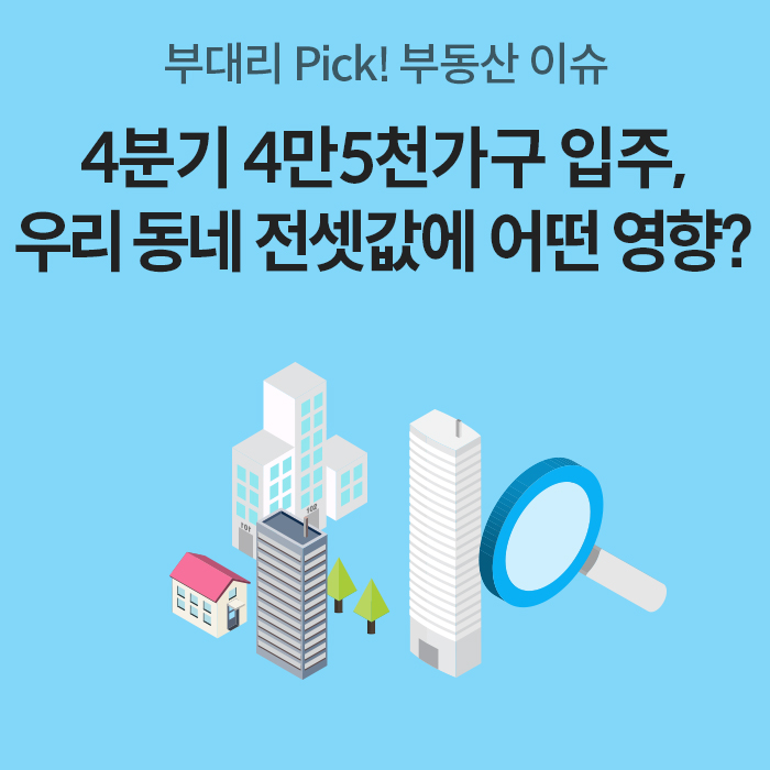 하늘색 배경에 주택과 아파트 건물, 돋보기 그림이 배치되어 있다. 상단에는 '4분기 4만5천가구 입주, 우리 동네 전셋값에 어떤 영향?'이라는 제목이 적혀 있다.