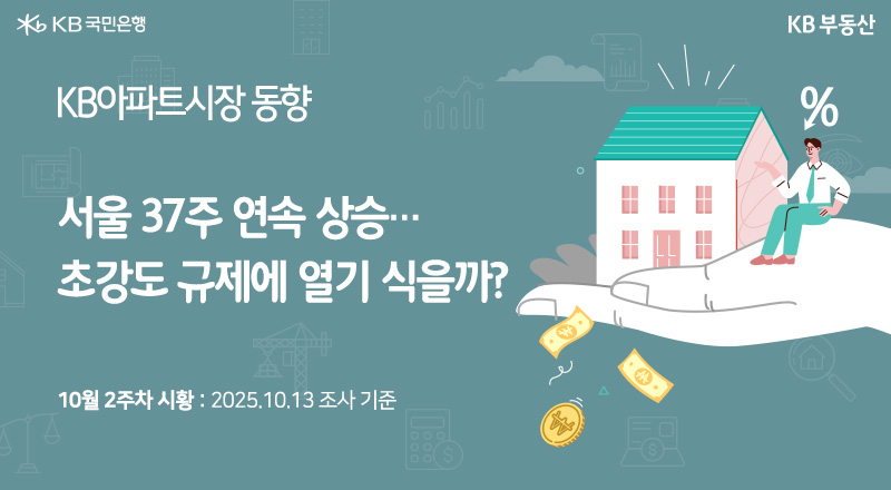 'KB아파트시장 동향. 서울 37주 연속 상승... 초강도 규제에 열기 식을까? 10월 2주차 시황: 2025.10.13 조사 기준.' 오른쪽에 집 모형과 남성을 손으로 들고있는 이미지가 배치되어있다.