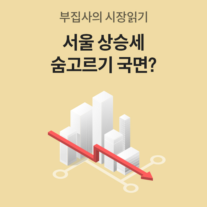 베이지 배경 위 흰색 빌딩 그래픽과 하락하는 빨간 화살표가 있다. 타이틀로는 ‘서울 상승세 숨 고르기 국면?’이라고 적혀있는 부동산 관련 배너 이미지다.