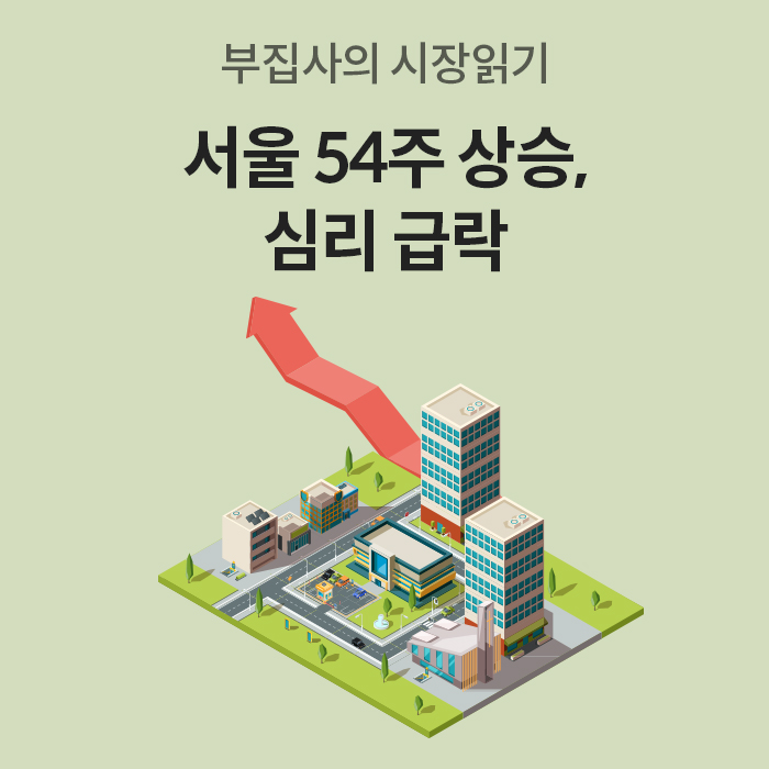 서울 아파트값 54주 연속 상승세 지속과 반대로 급격히 얼어붙은 매수 심리를 보여주는 도시 일러스트와 상승 화살표 이미지이다.