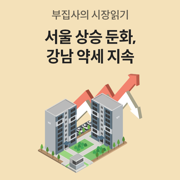 아파트 단지 위로 상승과 하락 화살표가 엇갈리는 일러스트이다. '서울 상승 둔화, 강남 약세 지속'이라는 문구가 시장의 혼조세를 직관적으로 보여준다.